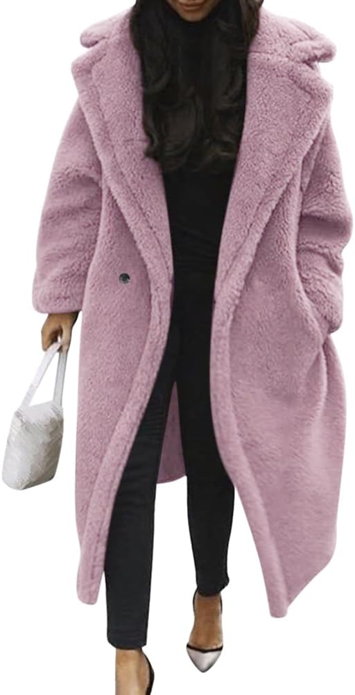Damen Teddy Fleecejacke langer übergroßer Reverskragen, weicher, warmer, lockerer Schnitt