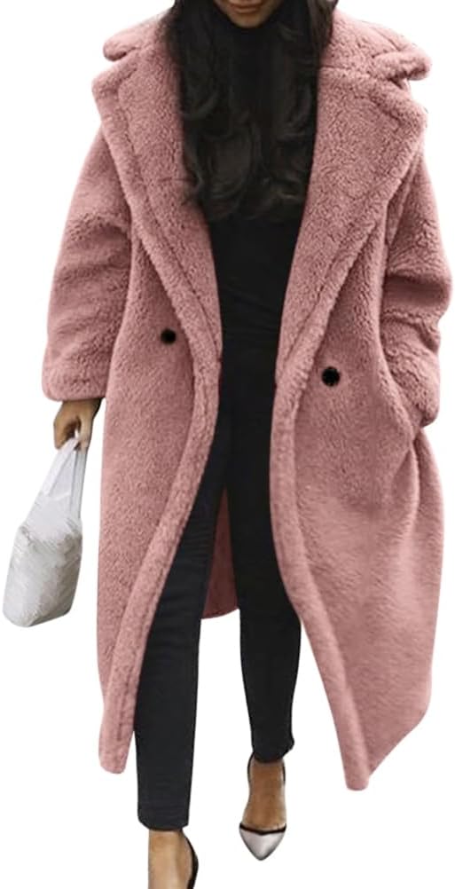 Damen Teddy Fleecejacke langer übergroßer Reverskragen, weicher, warmer, lockerer Schnitt