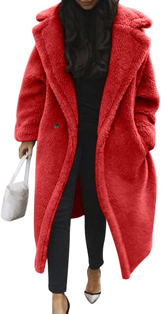 Damen Teddy Fleecejacke langer übergroßer Reverskragen, weicher, warmer, lockerer Schnitt