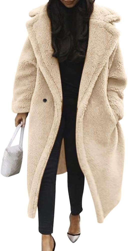 Damen Teddy Fleecejacke langer übergroßer Reverskragen, weicher, warmer, lockerer Schnitt