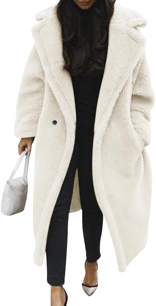 Damen Teddy Fleecejacke langer übergroßer Reverskragen, weicher, warmer, lockerer Schnitt