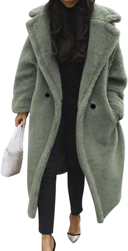 Damen Teddy Fleecejacke langer übergroßer Reverskragen, weicher, warmer, lockerer Schnitt
