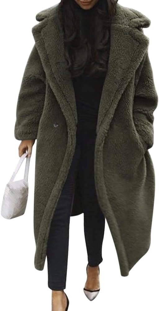 Damen Teddy Fleecejacke langer übergroßer Reverskragen, weicher, warmer, lockerer Schnitt