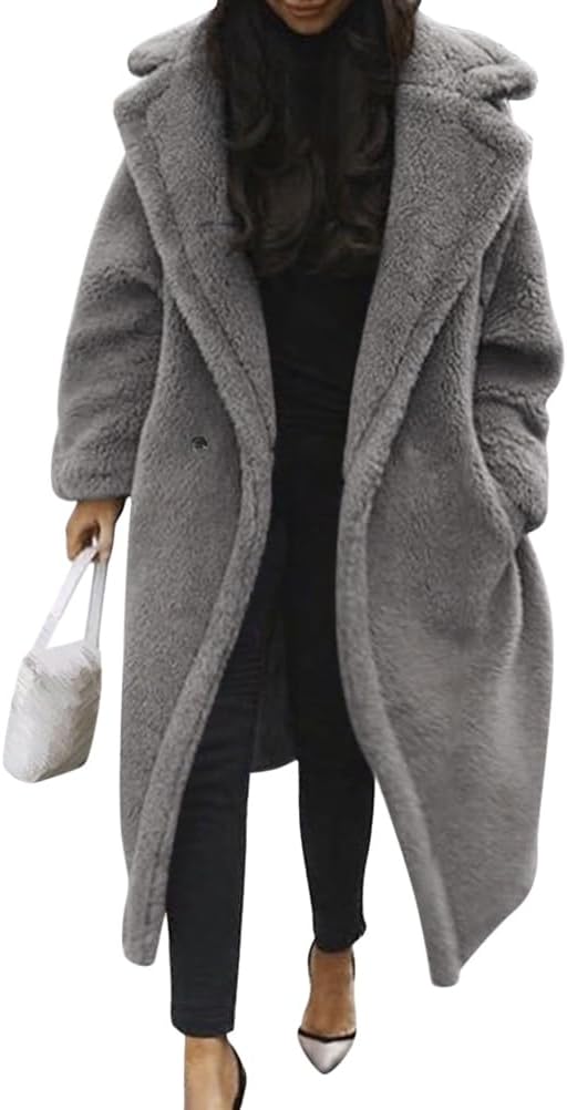 Damen Teddy Fleecejacke langer übergroßer Reverskragen, weicher, warmer, lockerer Schnitt