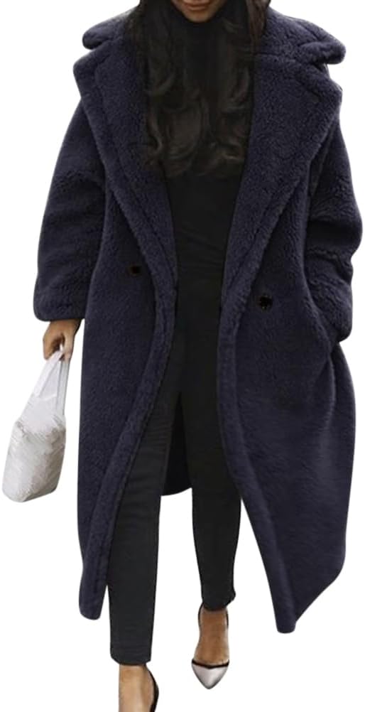 Damen Teddy Fleecejacke langer übergroßer Reverskragen, weicher, warmer, lockerer Schnitt