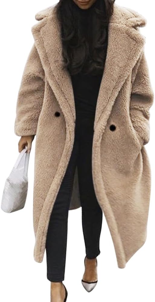 Damen Teddy Fleecejacke langer übergroßer Reverskragen, weicher, warmer, lockerer Schnitt