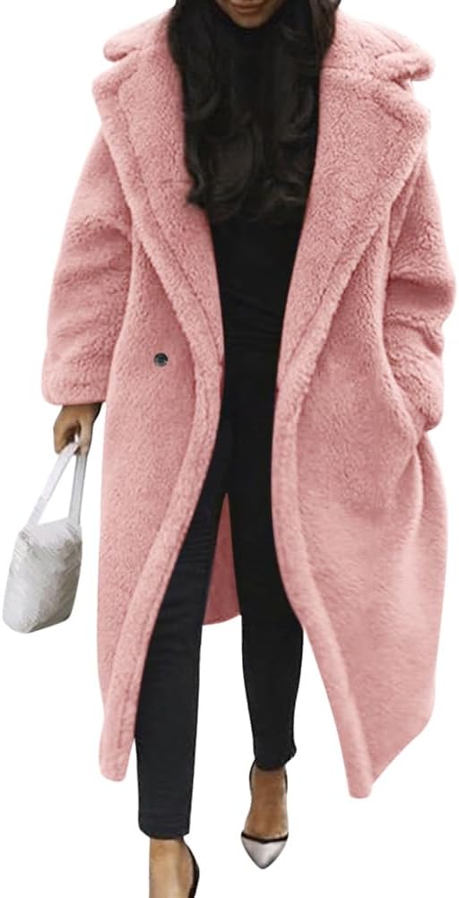 Damen Teddy Fleecejacke langer übergroßer Reverskragen, weicher, warmer, lockerer Schnitt