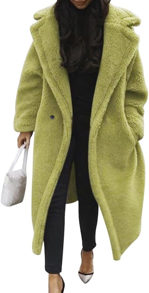 Damen Teddy Fleecejacke langer übergroßer Reverskragen, weicher, warmer, lockerer Schnitt