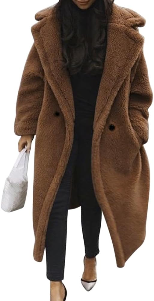 Damen Teddy Fleecejacke langer übergroßer Reverskragen, weicher, warmer, lockerer Schnitt