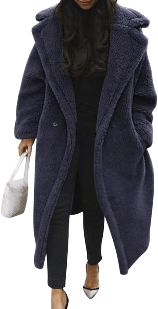 Damen Teddy Fleecejacke langer übergroßer Reverskragen, weicher, warmer, lockerer Schnitt