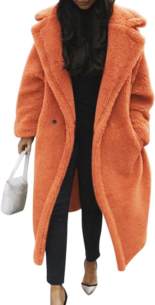 Damen Teddy Fleecejacke langer übergroßer Reverskragen, weicher, warmer, lockerer Schnitt