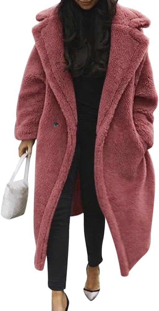 Damen Teddy Fleecejacke langer übergroßer Reverskragen, weicher, warmer, lockerer Schnitt