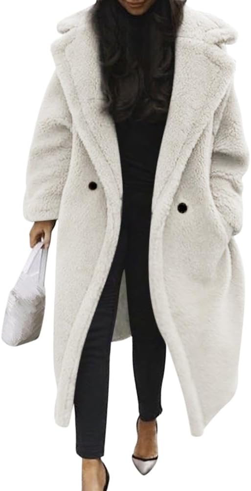 Damen Teddy Fleecejacke langer übergroßer Reverskragen, weicher, warmer, lockerer Schnitt