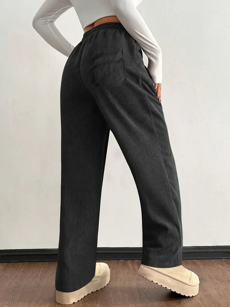 Damen Hose Wide Leg Regular Fit Cord Rippstruktur High Waist Kordelzug Elastisch Casual Atmungsaktiv Alltag