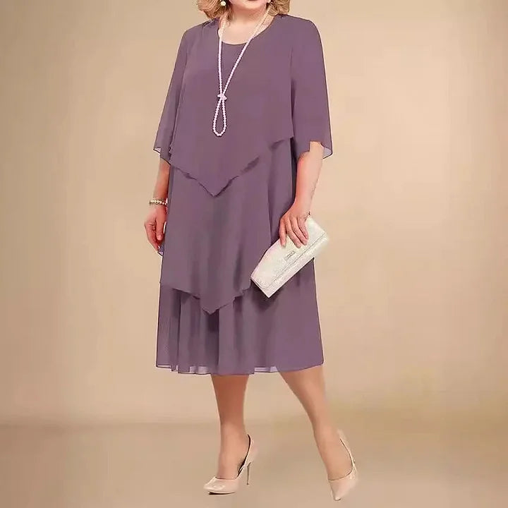 Damen Midikleid asymmetrisch locker Rundhalsausschnitt Kurzarm fließende Passform