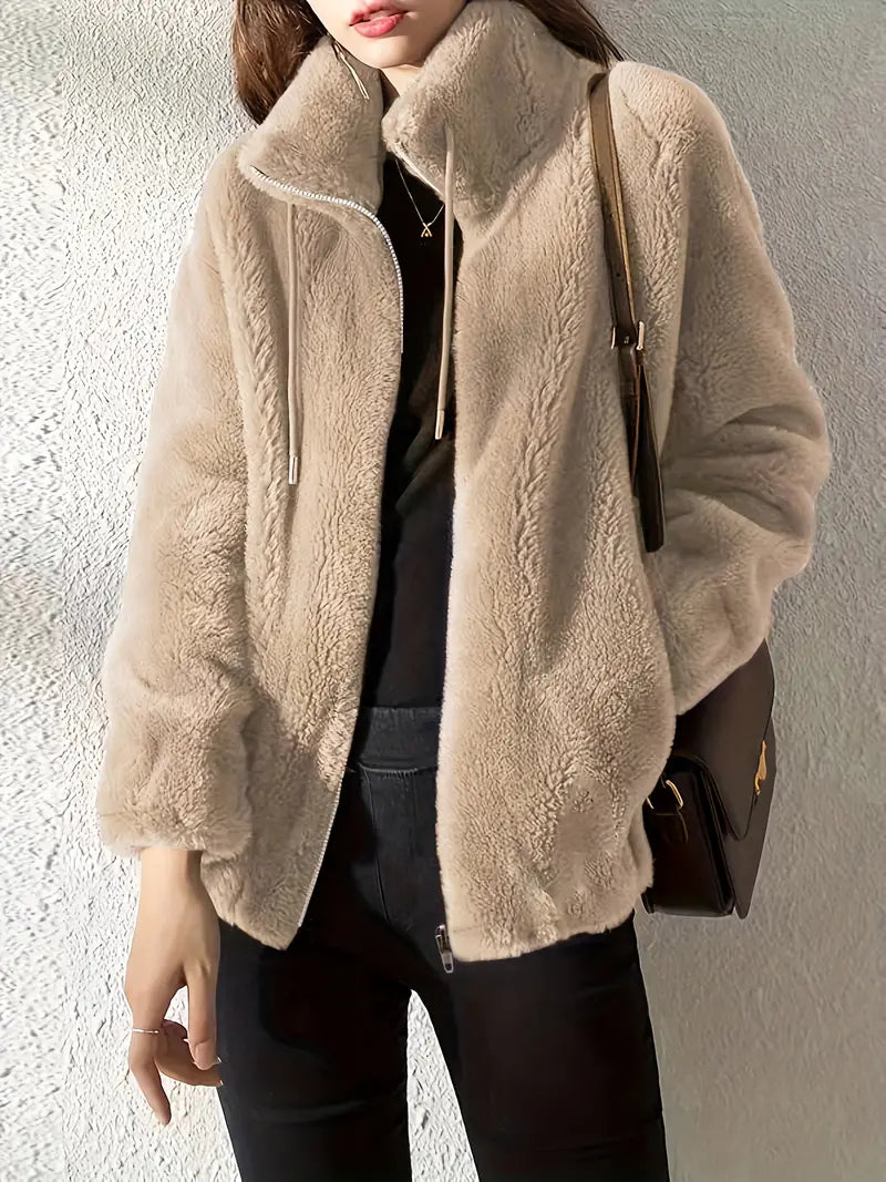 Damen Fleecejacke Warm Stehkragen Kordelzug Regular Fit Weich Freizeit Übergang