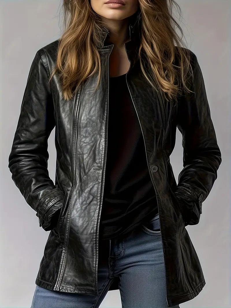 Damen Kunstlederjacke Langarm Regular Fit Reißverschluss Einfarbig Freizeit Übergangsjacke Elegant Casual