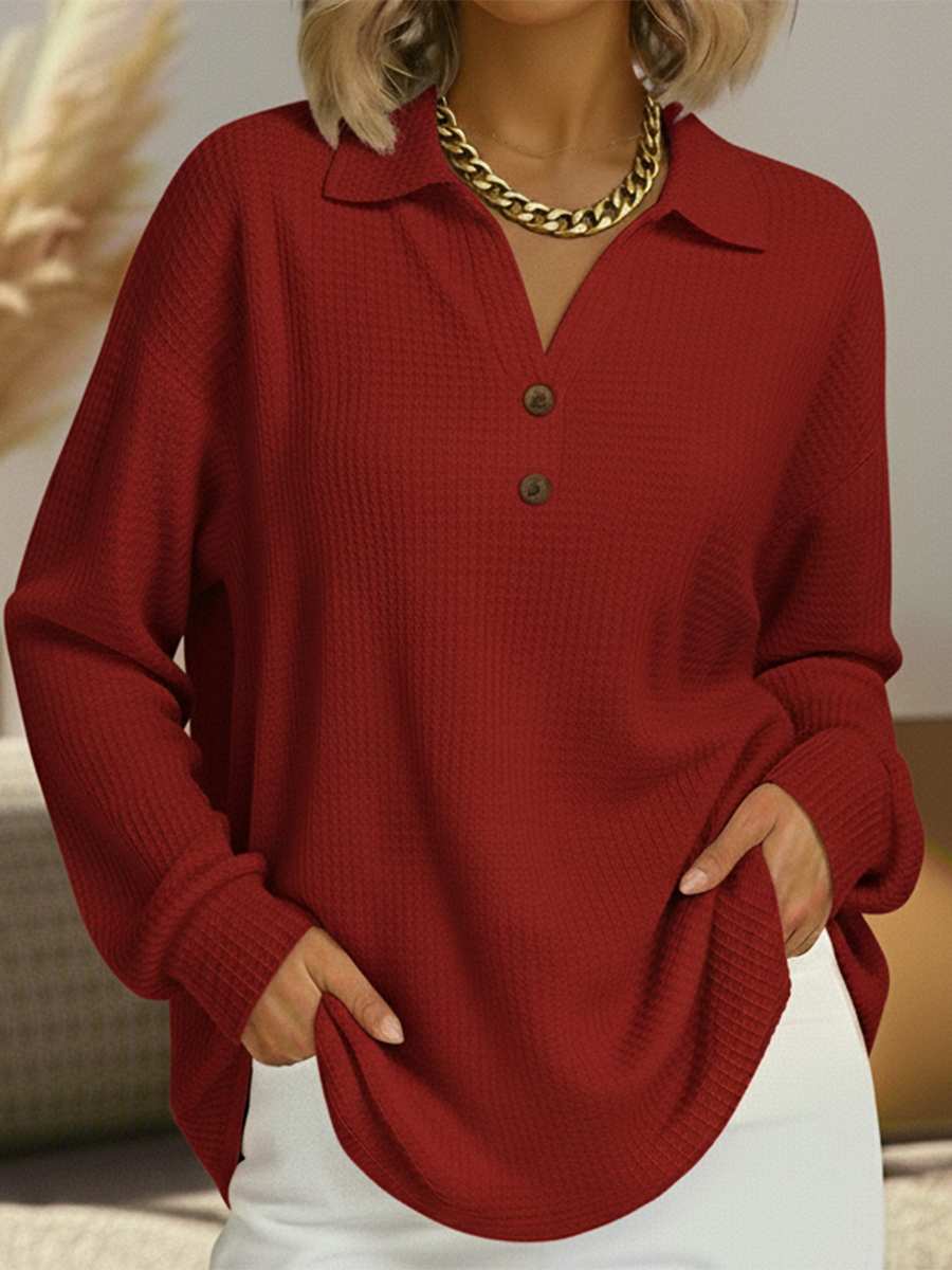 Damen Pullover Waffelstrick Langarm lose warme bequeme Passform