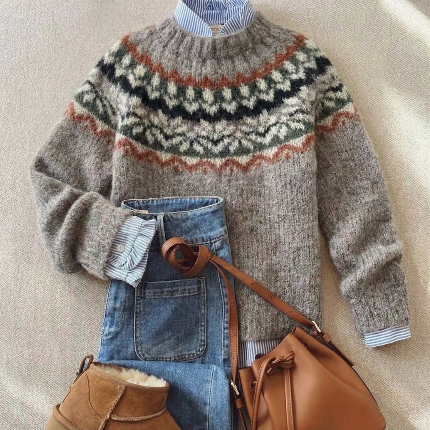 Damen Strickpullover nordisches Muster locker geschnitten warm bequem langarm