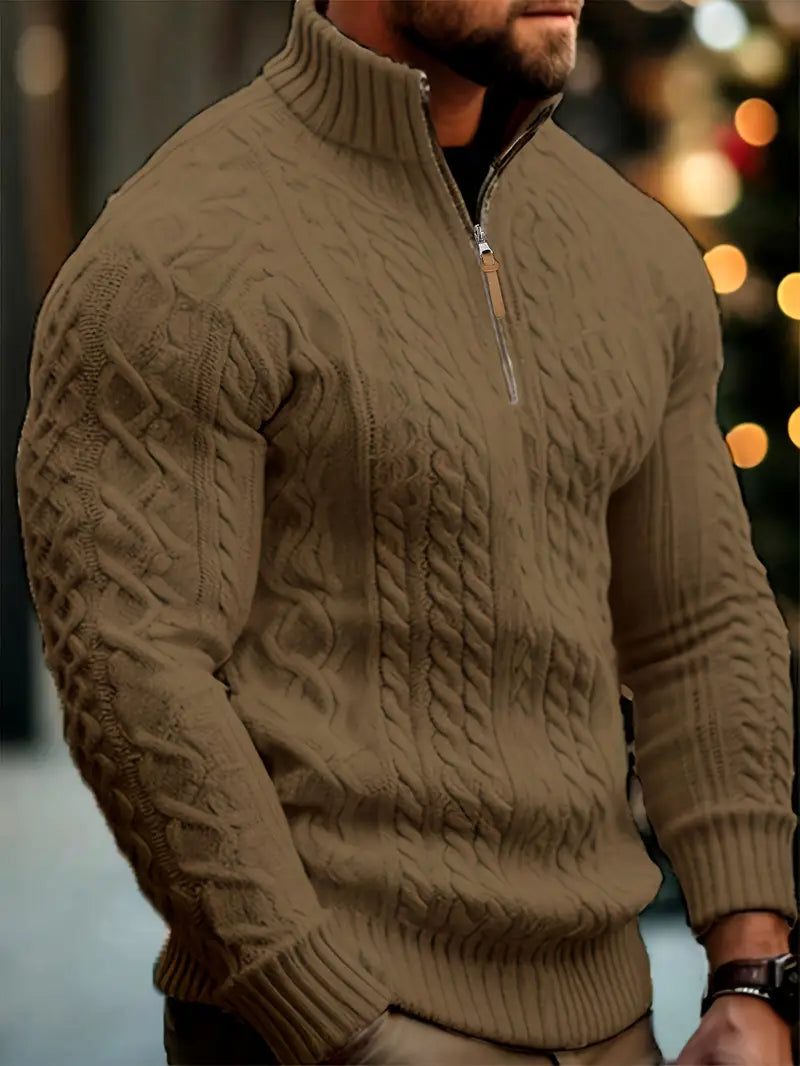 Herren Strickpullover, halber Reißverschluss Kragen Zopfmuster Stehkragen elastisch bequem