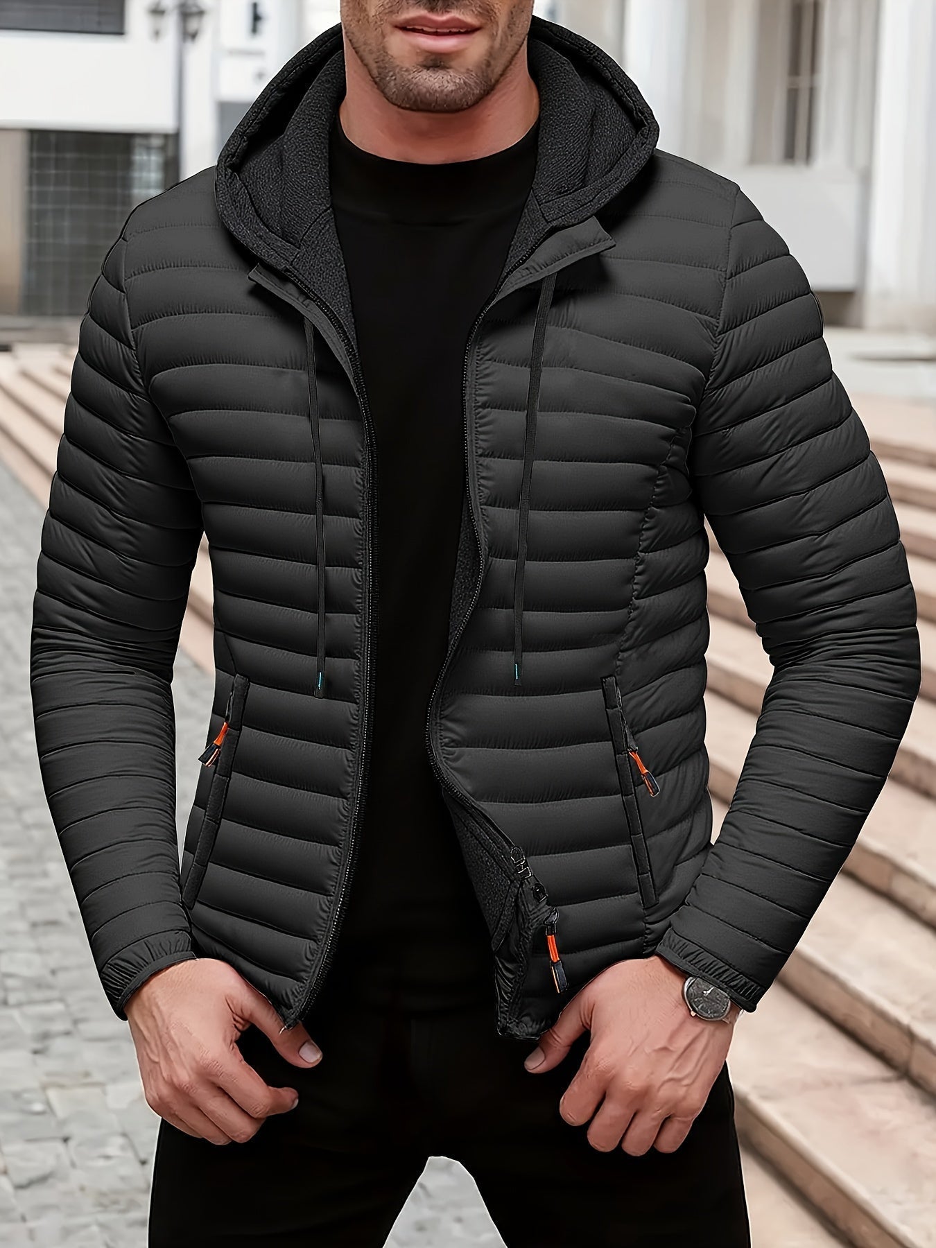 Herren Steppjacke Regular Fit Kapuze Warm Fleece Gefüttert Leicht Winter Übergang Outdoor Alltag