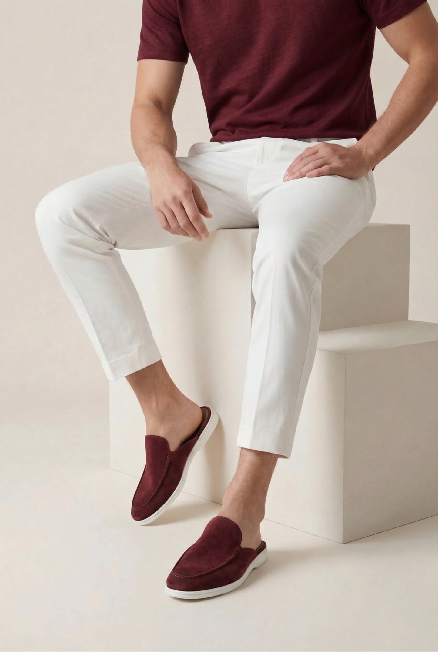Herren Mule Bordeaux offen atmungsaktiv mit Veloursleder und leichter Gummisohle
