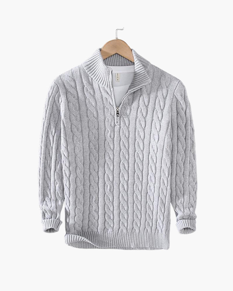 Herren Zopfstrickpullover Stehkragen Reißverschluss Langarm Slim Fit