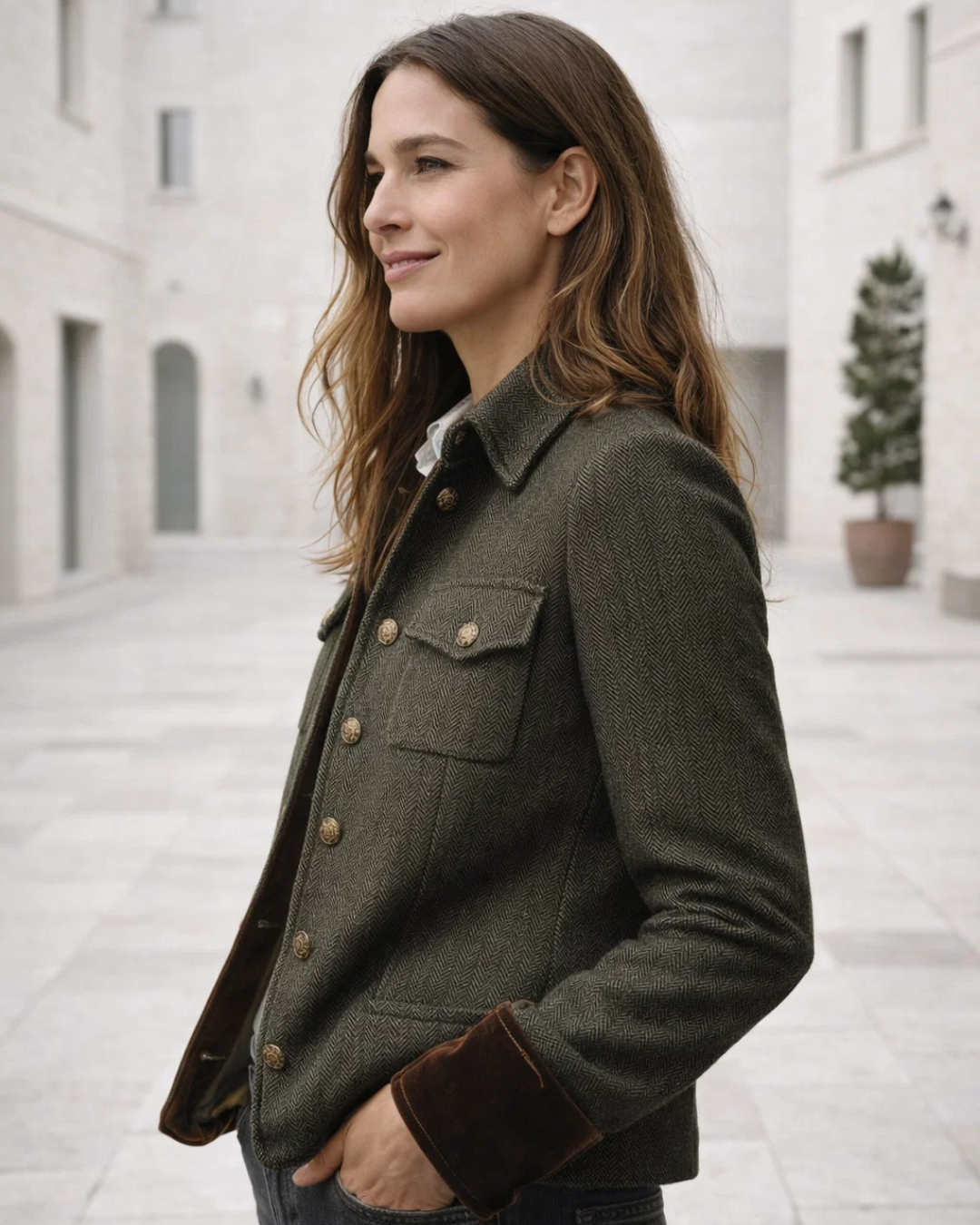 Damen Blazer Tailliert Fischgrät Muster Elegant Knopfleiste Kontrast Manschetten