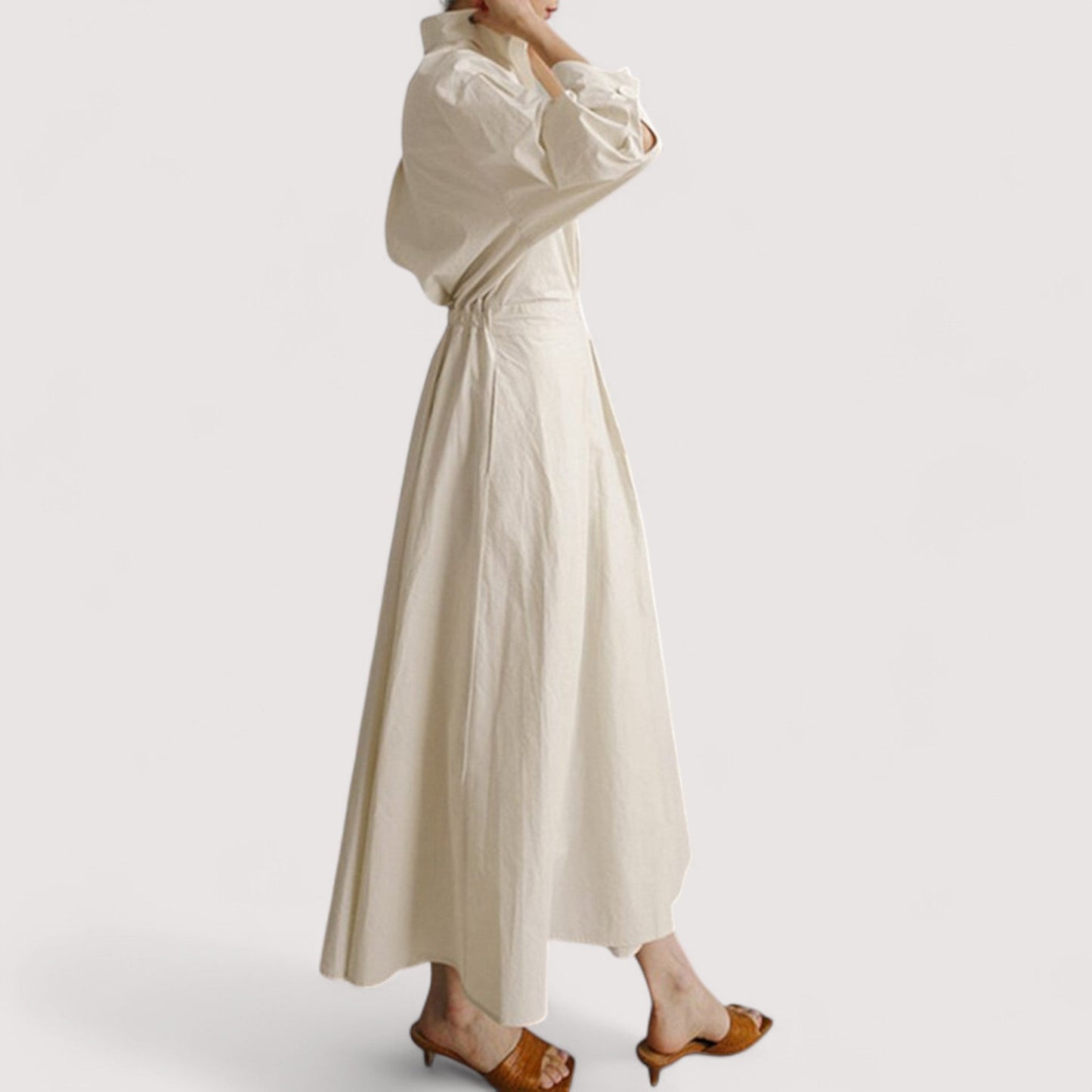 Damen Maxikleid Reverskragen elastischer Bund weit schwingend elegant