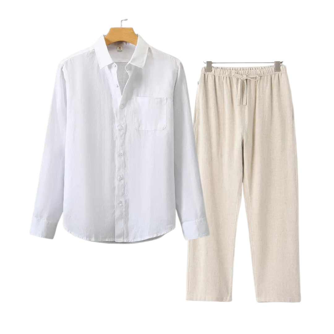 Herren Leinenhemd und Leinenhose Set Sommer Zweiteiler Freizeitanzug aus Leinen