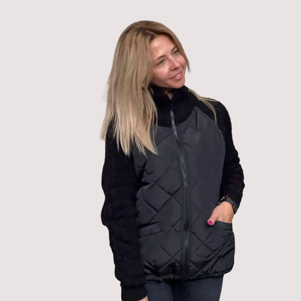 Damen Strickjacke Patchwork einfarbig Langarm Lockerer Fit Hüftlang Freizeit Übergangsjacke Strick