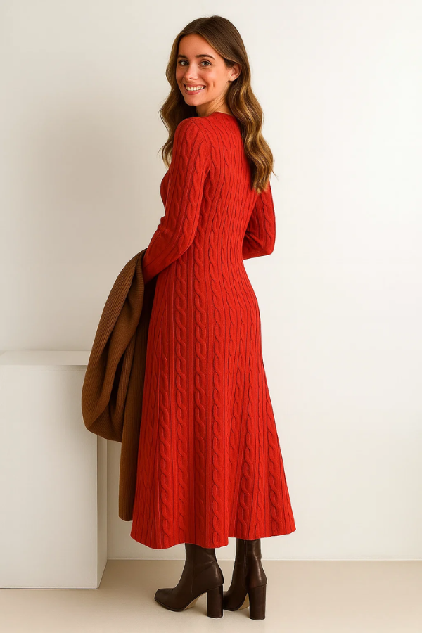 Damen Langkleid Strick figurbetont mit Rundhalsausschnitt langärmlig elastisch bequeme Passform elegant