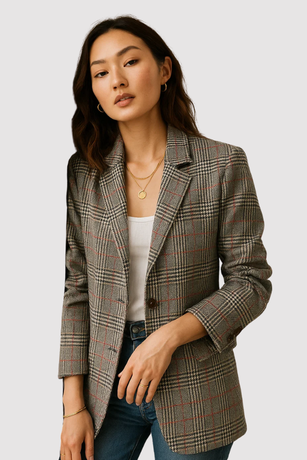Damen Blazer Kariert Lang Lockerer Schnitt Casual Elegant Leicht Übergang