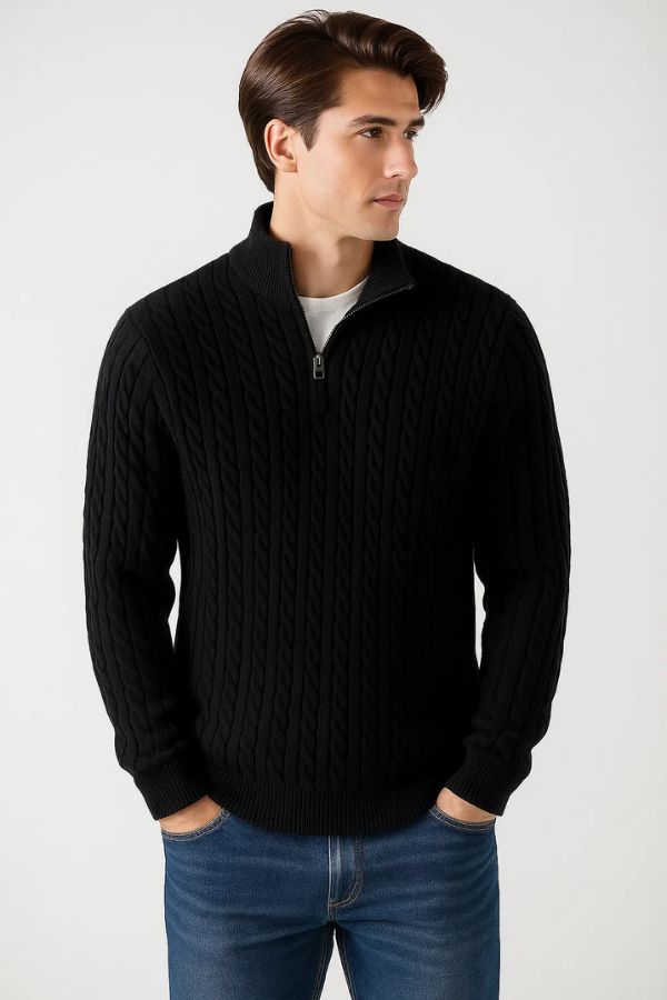 Herren Zopfstrickpullover Stehkragen Reißverschluss Langarm Slim Fit