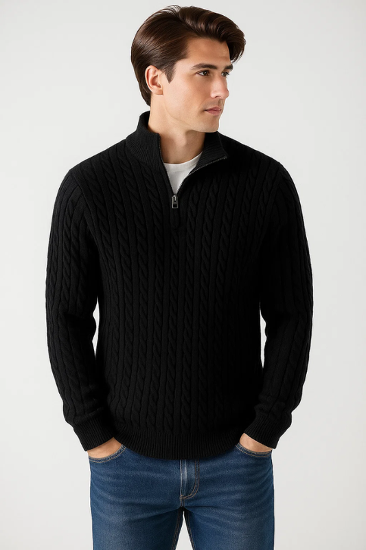 Herren Zopfstrickpullover Stehkragen Reißverschluss Langarm Slim Fit