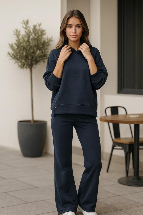 Damen Zweiteiler Regular Fit Hoodie mit Druckknopf-Saum Hose Elastischer Bund Freizeit Trainingsanzug Set 2-teilig