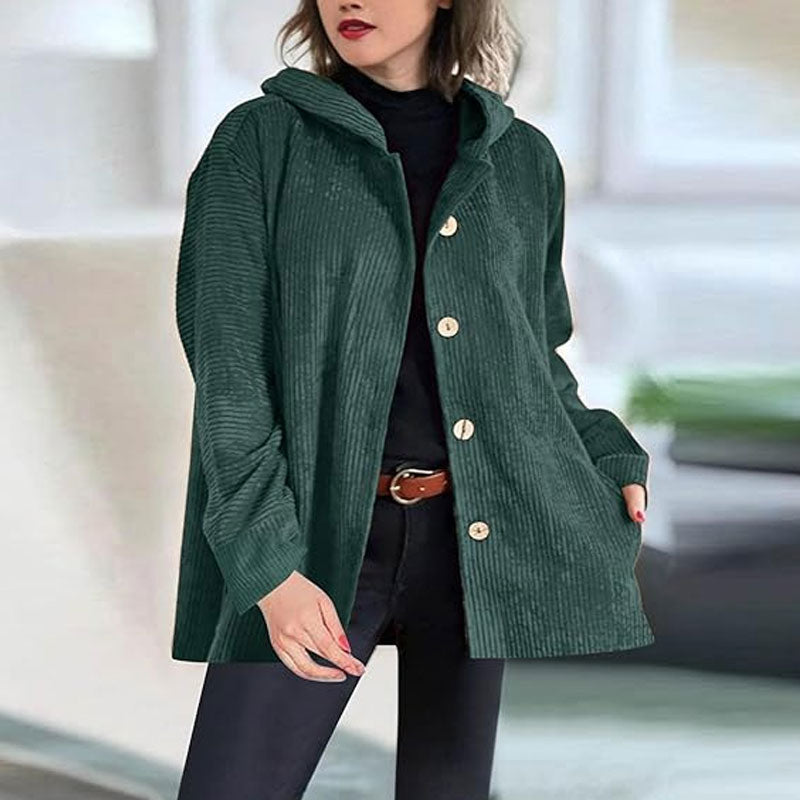 Damen Kordjacke einfarbig Kapuze Langarm Regular Fit Herbst Winter Freizeit Vintage Jacke