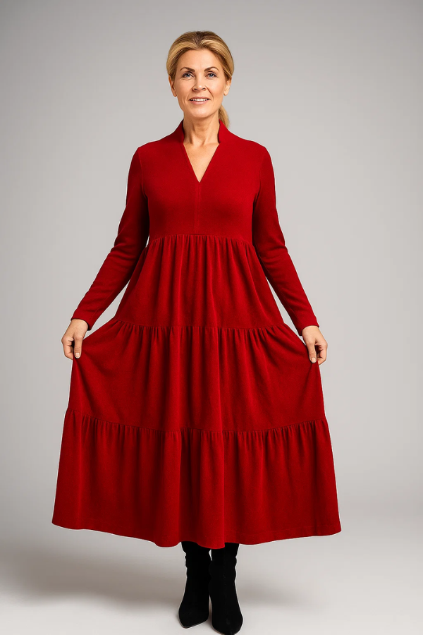 Damen Midikleid einfarbig V-Ausschnitt Langarm A-Linie Taschen komfortable Passform