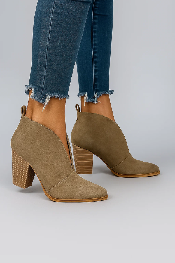 Damen Stiefeletten V-Ausschnitt Blockabsatz Slip-On bequem vielseitig