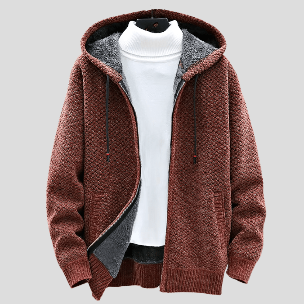 Herren Strickjacke mit Kapuze Regular Fit Fleece Innen gefüttert Reißverschluss Warm Strukturiert Alltag Herbst Winter Minimalistisch