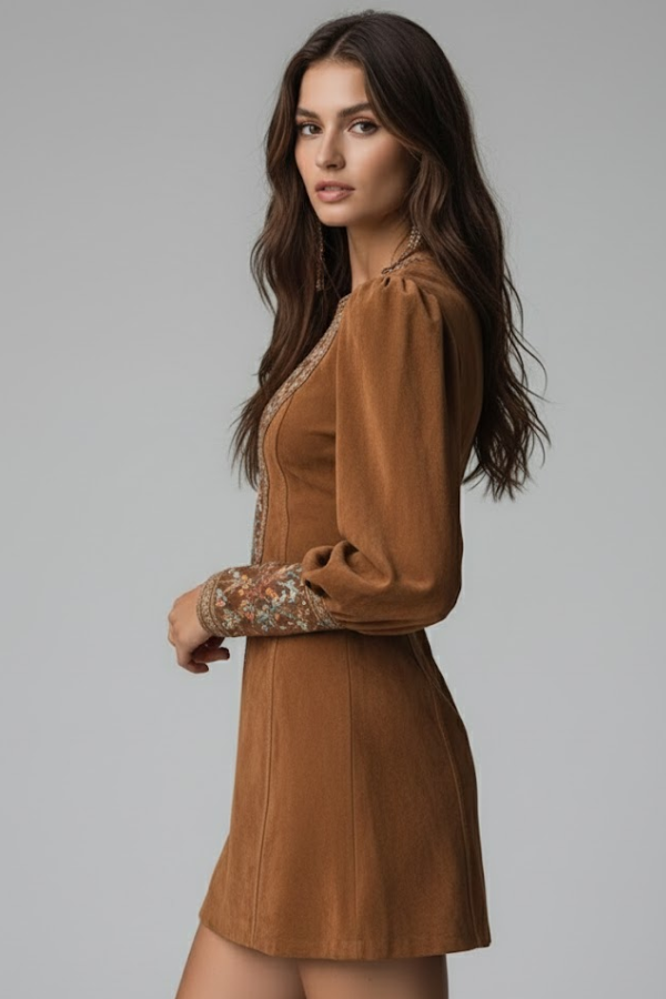 Damen Minikleid lila Suede-Optik Stickerei kurzärmlos elegante Passform