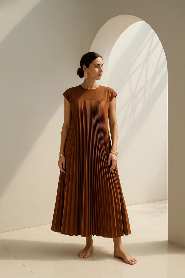 Damen Maxikleid einfarbig ärmellos Rundhals locker Passform Taschen gerafft
