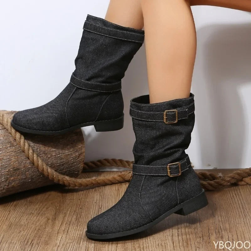 Damen Denim Schnalle Blockabsatz Mandel Stiefeletten geformt bequem