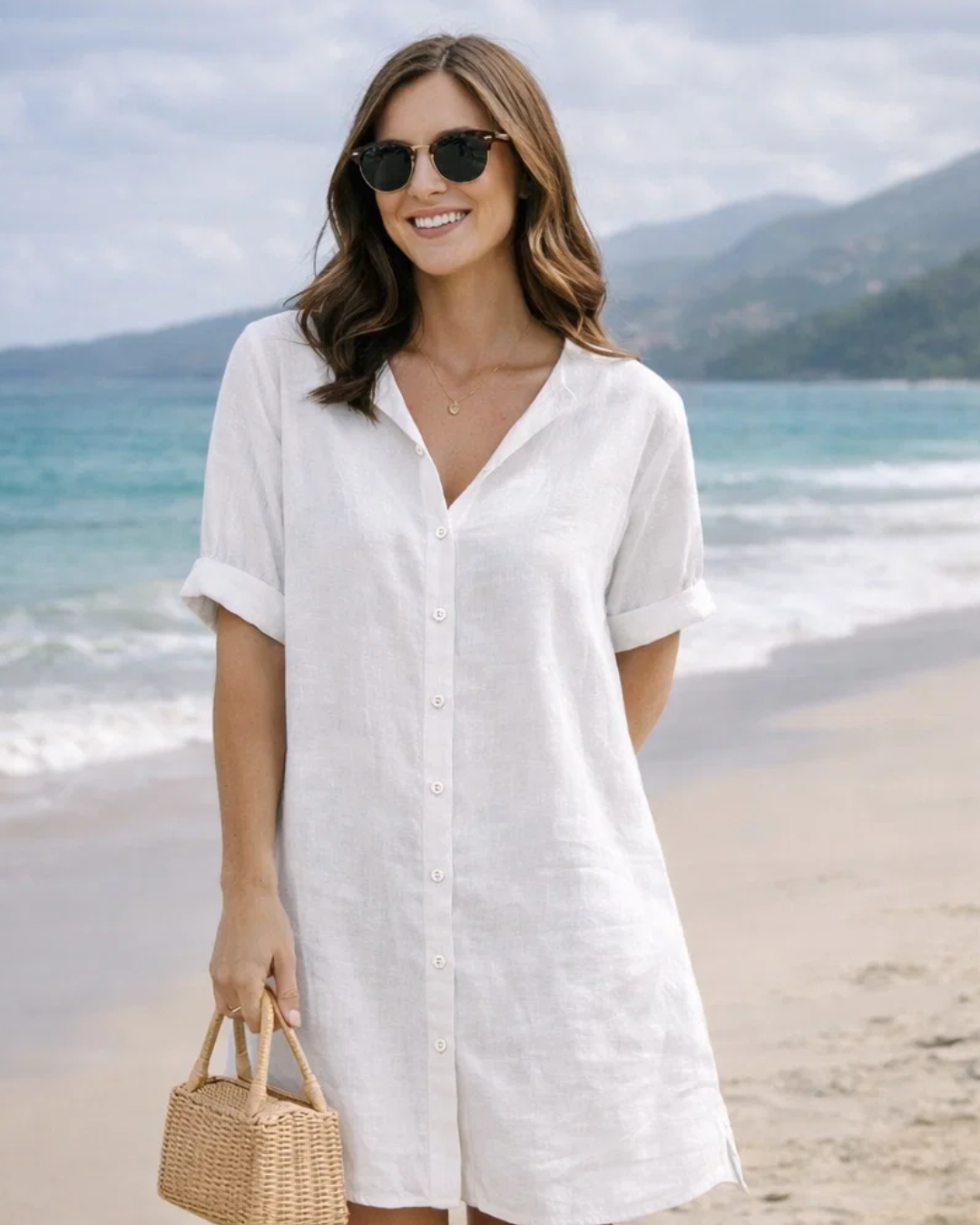 Damen Strandkleid locker V-Ausschnitt kurzarm mit Knoten vorne lange Passform für Sommer und Urlaub