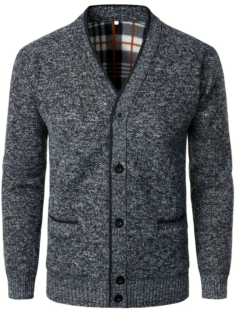 Herren Strickpullover Knopfleiste Taschen Langarm gefütterter Innenraum bequem