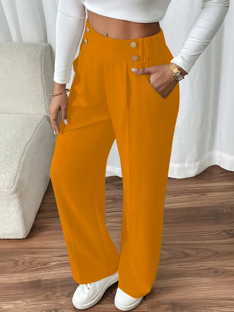 Damen Hose Regular Fit Weites Bein Elastischer Bund Seitentaschen Casual Elegant Alltag Büro