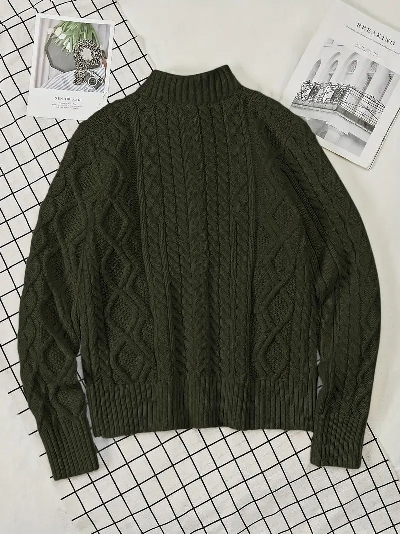 Herren Strickpullover, halber Reißverschluss Kragen Zopfmuster Stehkragen elastisch bequem