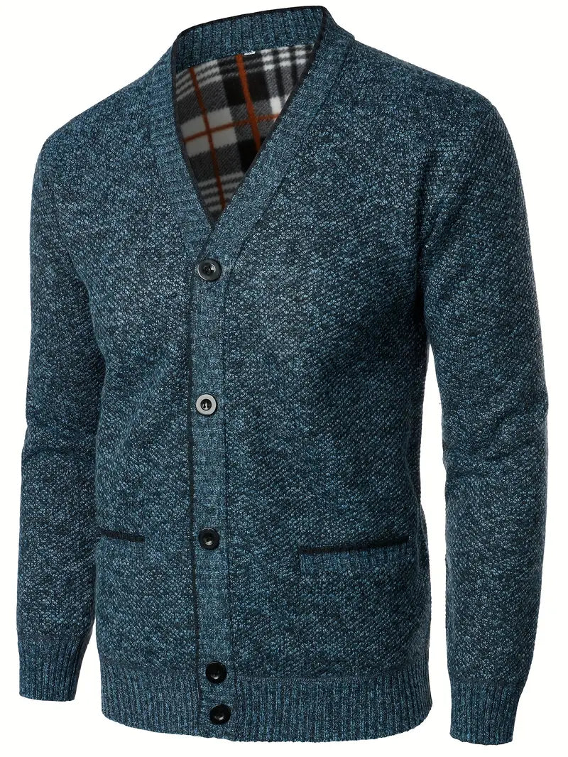 Herren Strickpullover Knopfleiste Taschen Langarm gefütterter Innenraum bequem
