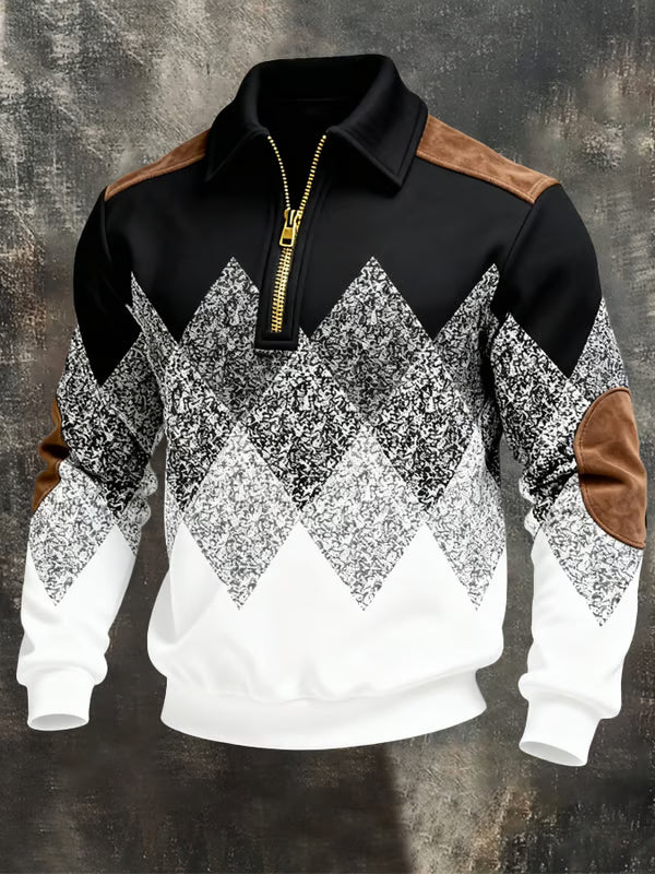 Herren Sweatshirt halber Reißverschluss Chevron Muster Langarm bequem