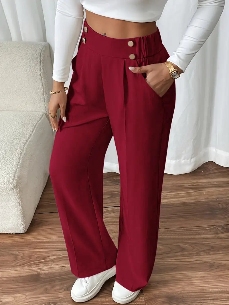 Damen Hose Regular Fit Weites Bein Elastischer Bund Seitentaschen Casual Elegant Alltag Büro